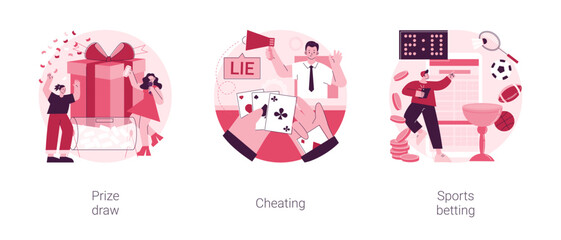 Poster - Online gambling abstract concept vector illustration set. Prize draw, cheating, sports betting, big prize winner, computer games, mobile app, promotional marketing, casino abstract metaphor.