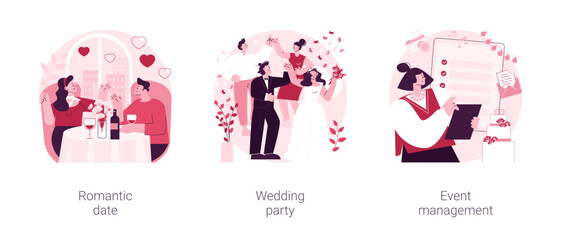 Poster - Love story abstract concept vector illustration set. Romantic date, wedding party planning, event management, Valentine day celebration, bouquet design, romantic relationship abstract metaphor.