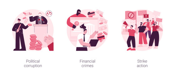 Poster - Scandal news abstract concept vector illustration set. Political corruption, financial crimes, strike action, labor union stop working, bribery and tax offense, investment scam abstract metaphor.