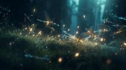 Poster - Abstract and magical image of glitter Firefly flying in the night forest. Fairy tale concept