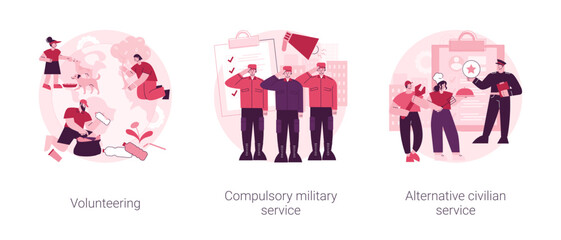 Poster - community service abstract concept vector illustration set. volunteering and compulsory military and