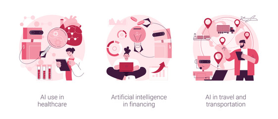 Poster - machine learning in industry abstract concept vector illustration set. ai use in healthcare and fina