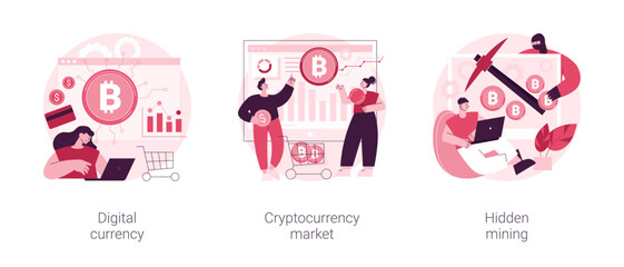 Poster - Digital money turnover abstract concept vector illustration set. Digital currency, cryptocurrency market, hidden mining, embed script development, blockchain technology, transaction abstract metaphor.