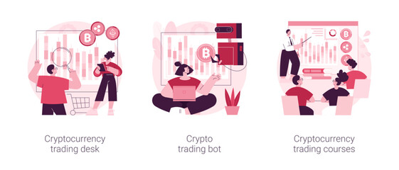 Poster - Digital tokens abstract concept vector illustration set. Cryptocurrency trading desk, crypto trading bot, trading courses, bitcoin futures, financial technology, blockchain ICO abstract metaphor.