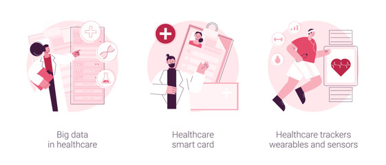 Poster - Electronic health records abstract concept vector illustration set. Big data in healthcare, smart card, health tracker wearables and sensors, patient care, personalized medicine abstract metaphor.