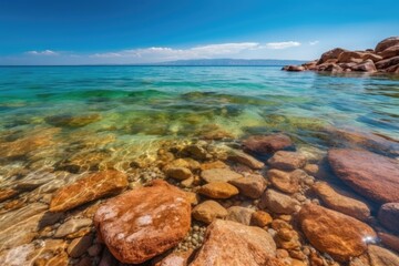 Sticker - rocky shoreline along a body of water. Generative AI