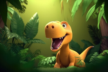 Cute dinosaur, jungle background, generative AI