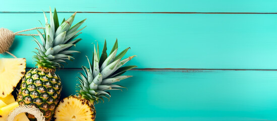  Welcome summer refreshment banner decorated with pineapples on blue painted wood. 