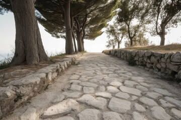 Sticker - scenic cobblestone road winding up a hill surrounded by trees. Generative AI