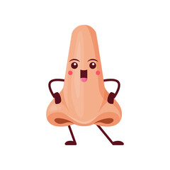 Cartoon nose character, funny vector part of face personage. Learning human body with kids. Anatomy or otolaryngology science for children education and playing, isolated cute smiling healthy nose