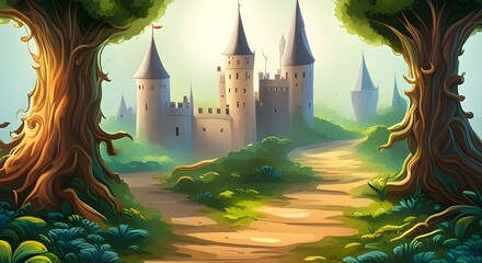 ai scene of a magical forest with a path winding through it, leading to a castle.