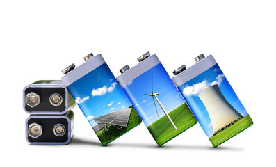 Wall Mural - battery with solar panels, wind turbines and nuclear power plant isolated on transparent background,