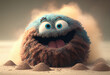 A cute smiling round dust bunny monster made of dust surrounded by piles of dust on the floor , generative ai