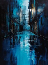 Abstract Wall Blue Lights Reflect City Street Sky Buildings Thick Oil Paint Drip Texture Misty Alleyway Standing Liquid Shadows Engulf Monsoon  Night Sea Art Empty Daylight, Generative Ai