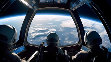 commercial space travel scene with tourists enjoying the view of earth from a futuristic spacecraft 