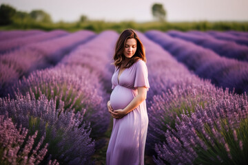 Beautiful pregnant woman in lavender field. Pregnancy and motherhood. Generative AI