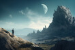 © zhouyilu - A man stands on the cliff and watches the background of the desert and universe planets surrounded by mountains