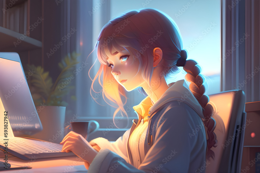 lofi Anime Girl is programming at a computer, cozy, dramatic lighting, highly detailed, incredible quality, trending on artstation, masterpiece, 8k, woman working on laptop, wallpaper, Generative AI