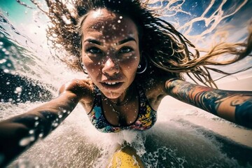 Wall Mural - Beautiful girl surfer in the water in motion, she is overwhelmed with emotions. Extreme sport. Go pro wide angle shot. Ai generated