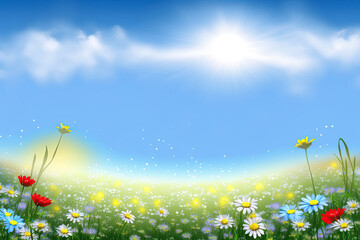 Wall Mural - blooming spring flowers on field meadow against blue sky in summer. Generative AI illustration
