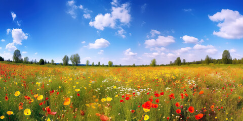 Wall Mural - panorama with blooming spring flowers in field meadow against blue sky in summer. Generative AI illustration