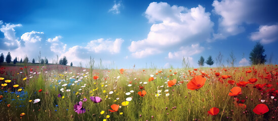 Wall Mural - panorama of spring meadows fields with blooming flowers in summer under blue sky. Generative AI illustration
