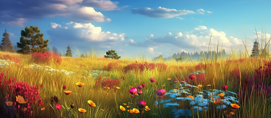 Wall Mural - meadow field with flowers and trees on sunny summer day. Generative AI illustration