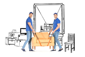 Wall Mural - Loaders with armchair near drawn lorry on white background