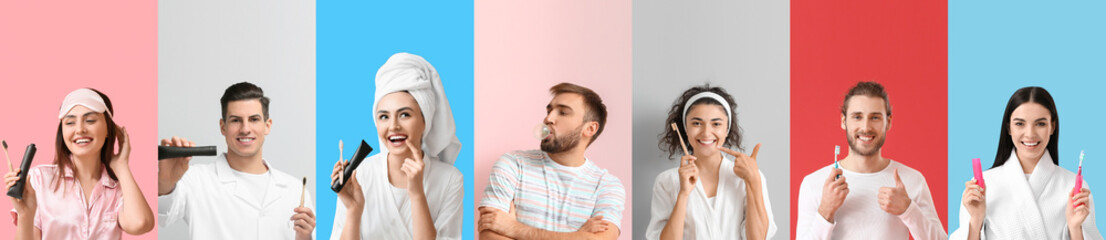 Collage of different people with tooth brushes, paste and chewing gum on color background