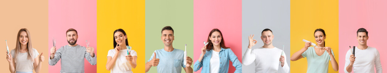 Wall Mural - Collage of different people with tooth brushes, paste and dental tools on color background