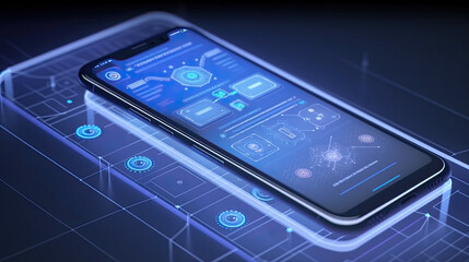 Fototapete - Smartphone with futuristic user interface on dark blue background Generative AI
