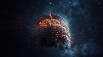 Poster - Brain in space with fire and smoke. Generative AI illustration.