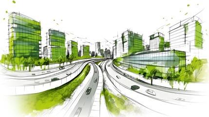 Sustainable urban design featuring eco-friendly elements. Generative AI