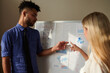 © DragonImages - Business colleagues discussing chart on whiteboard and discussing results of work