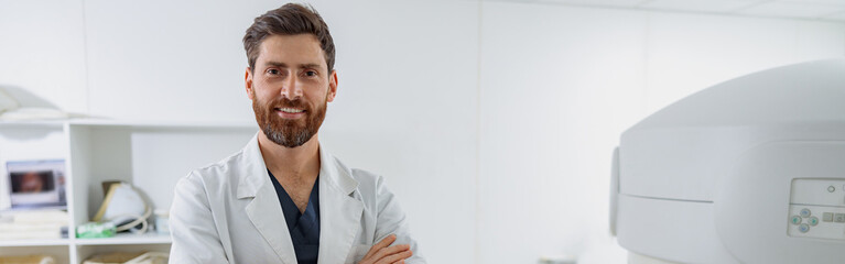 Wall Mural - Radiologist on background of MRI or CT or PET Scan with female patient undergoing procedure