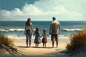 Wall Mural - Family holiday. Happy family holding hands standing on dreamy sandy beach watching ocean at golden sunset. Generative AI.