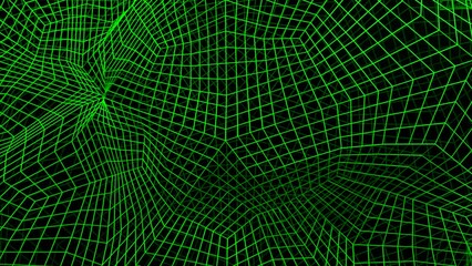 Poster - Black background with a grid. Design. A green grid made of small squares that twitches in different directions in abtraction.