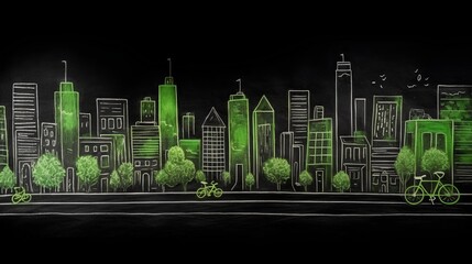 Wall Mural - Sustainable urban city illustration in vibrant crayon style, featuring eco-friendly buildings and green spaces, isolated on black background. Generative AI