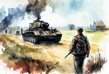 Ukrainian - russian war battlefield scene, watercolor style illustration. Generative ai