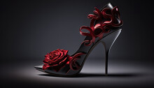 Black Tango Shoes, High Heel Stilettos On A Black Background Decorated With Rose Flower. AI Generative.