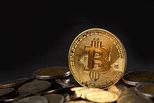 Cryptocurrency Golden Bitcoin Coin On Thai Bath Coin, Electronic Virtual Money