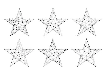 Stars wireframe low poly vector sign set. Black and white christmas star polygon digital award technology. Dot and line triangle monochrome futuristic design element.