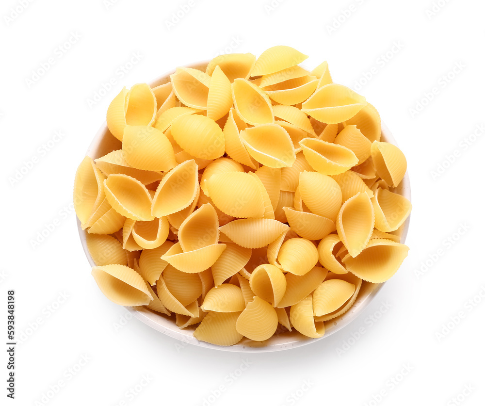 Bowl with raw conchiglie pasta isolated on white background