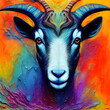 Frontalansicht des Kopfes einer Ziege.  Ölmalerei in fantastischen Farben