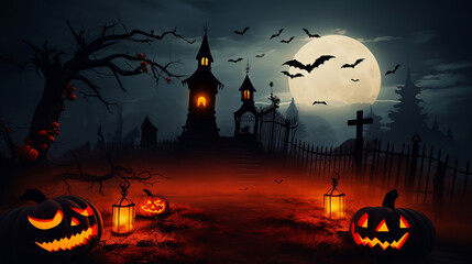 Wall Mural - halloween scene horror background with creepy pumpkins of spooky halloween haunted mansion Evil houseat night with full moon, Generative AI.