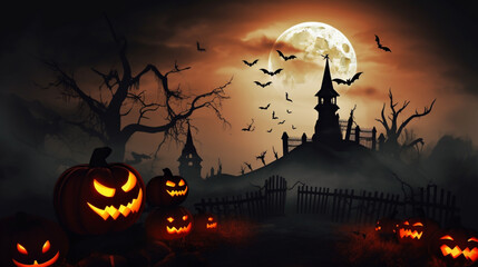 Wall Mural - halloween scene horror background with creepy pumpkins of spooky halloween haunted mansion Evil houseat night with full moon, Generative AI.