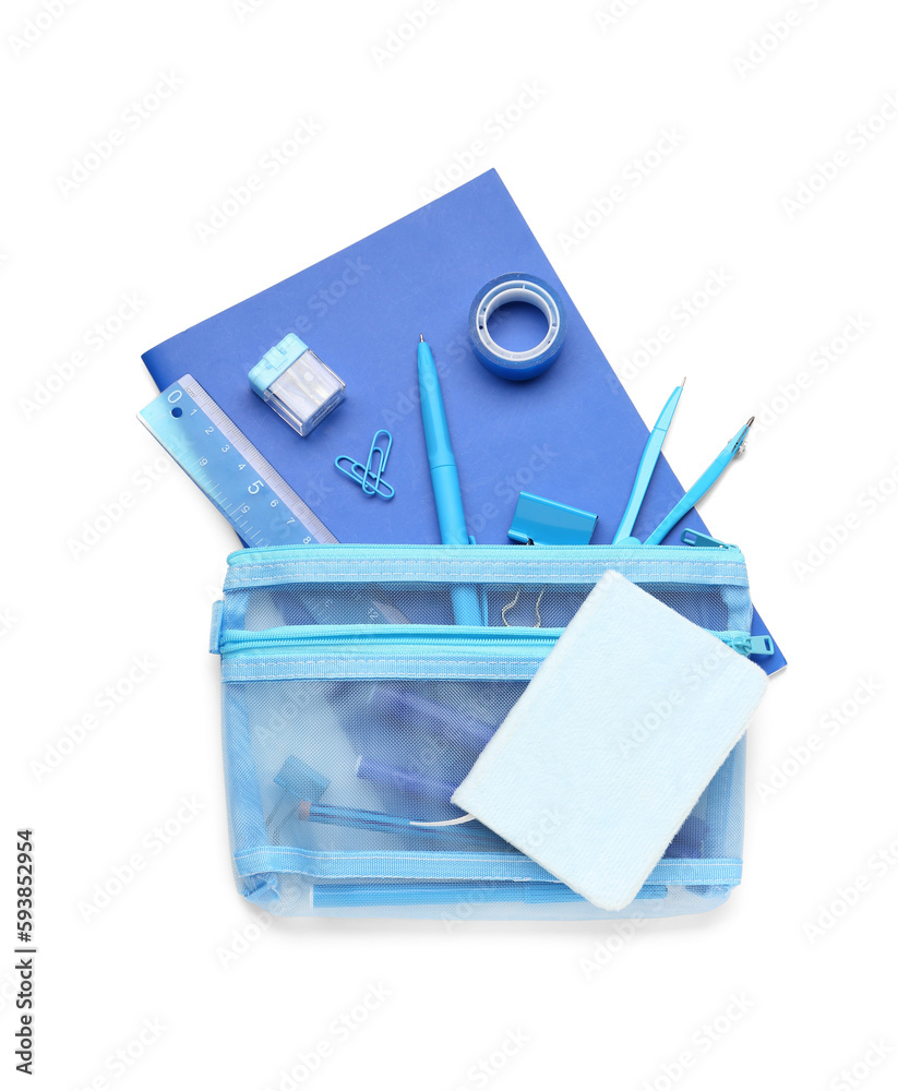 Stationery supplies and notebook on white background
