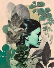 Floral, Natural Portrait. The Figure Of Young Beautiful Girl Using Collage Technique With Spring Flowers And Leaves On Her Face And Body. Retro Vintage Colors. Illustration, Generative AI.