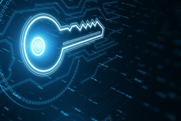 Poster - Glowing key hologram on blurry backdrop. Virtual house and future concept. 3D Rendering.