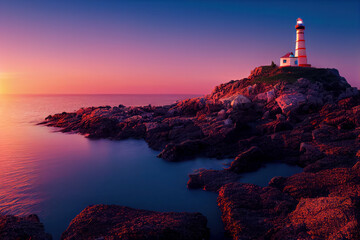 Canvas Print - A lighthouse above a beach at colorful sunset, long exposure, generative AI